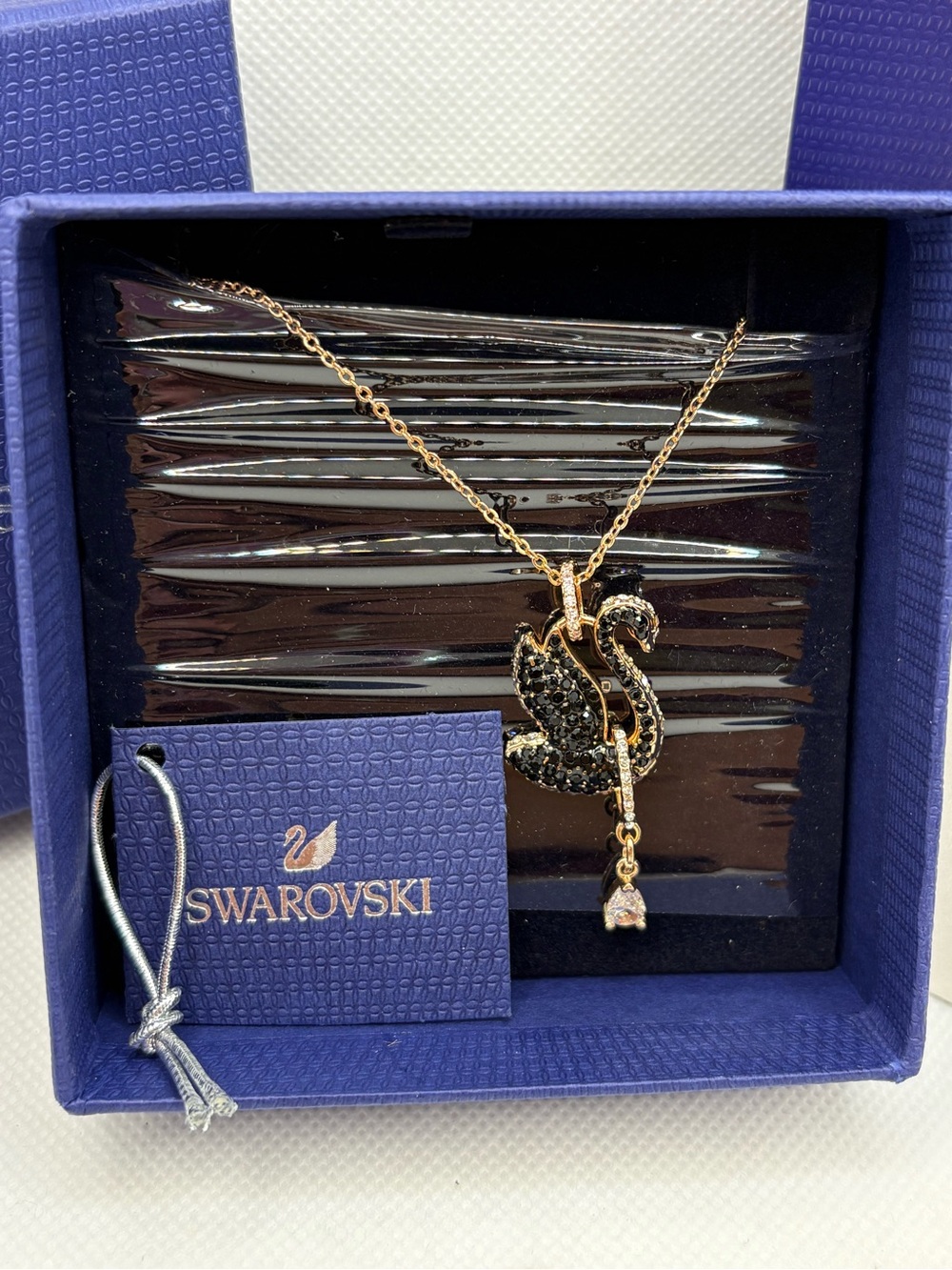 Swarovski Rose Gold-tone Black Crystal Swan Pendant Necklace